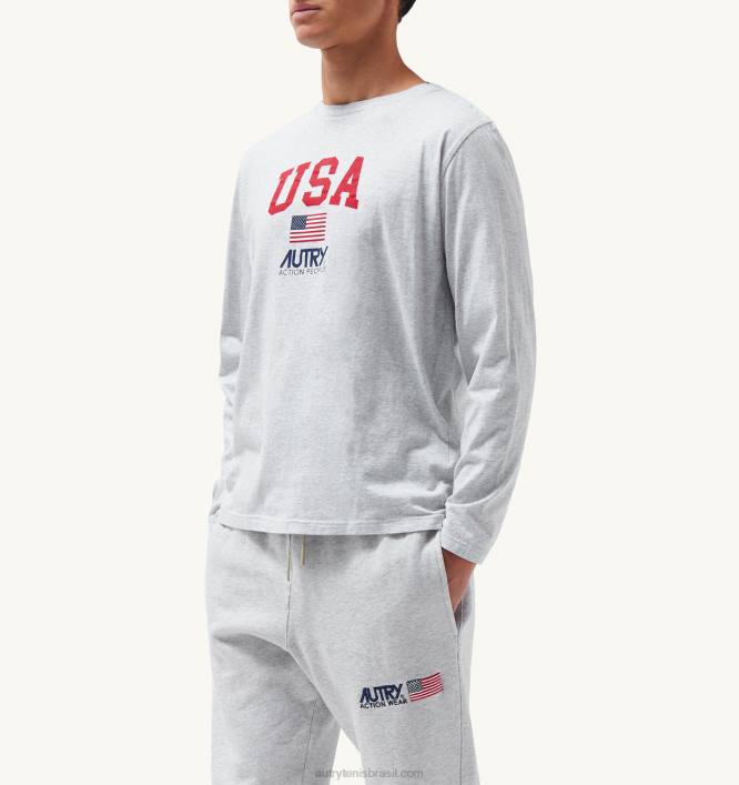 homens camiseta manga longa gola redonda com logo icônico cinza melange Autry 86XF121 - Image 2
