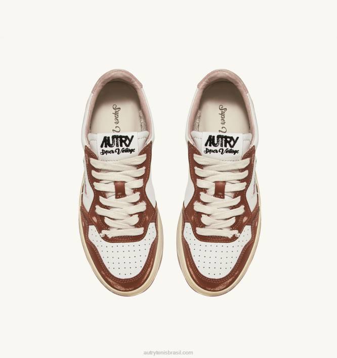 homens tênis cano baixo super vintage em couro branco marrom e rosa Autry 86XF63 - Image 5