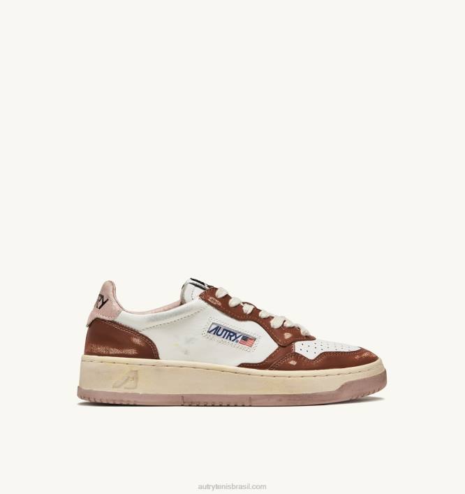 homens tênis cano baixo super vintage em couro branco marrom e rosa Autry 86XF63 - Image 1