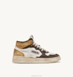 homens tênis mid super vintage em branco marrom e couro mel Autry 86XF36