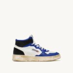 homens tênis mid super vintage em couro branco azul e preto Autry 86XF34