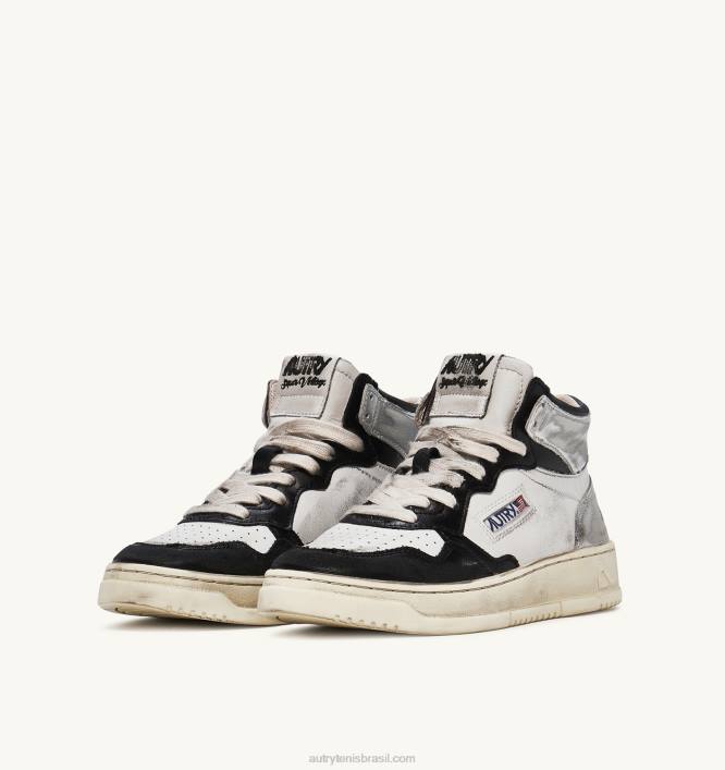 homens tênis mid super vintage em couro branco preto e prata Autry 86XF35 - Image 2