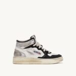 homens tênis mid super vintage em couro branco preto e prata Autry 86XF35