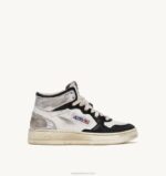 homens tênis mid super vintage em couro branco preto e prata Autry 86XF35