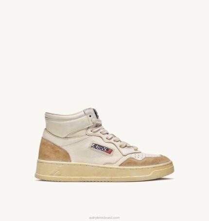 homens tênis mid super vintage em couro efeito amarelado branco Autry 86XF67