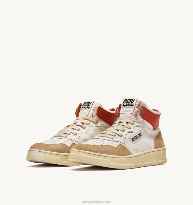 homens tênis mid super vintage em couro efeito amarelado branco e laranja Autry 86XF68 - Image 2