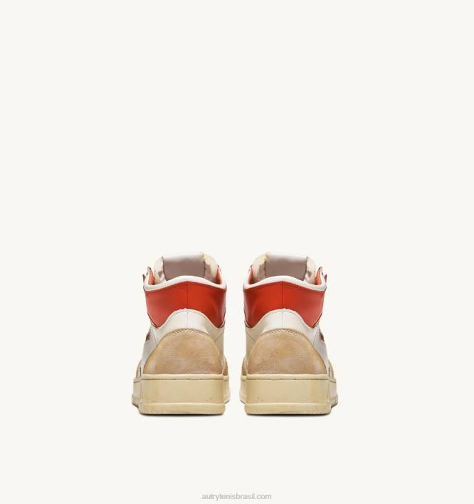 homens tênis mid super vintage em couro efeito amarelado branco e laranja Autry 86XF68 - Image 3
