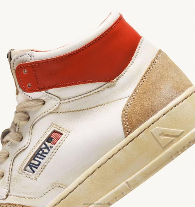 homens tênis mid super vintage em couro efeito amarelado branco e laranja Autry 86XF68 - Image 6