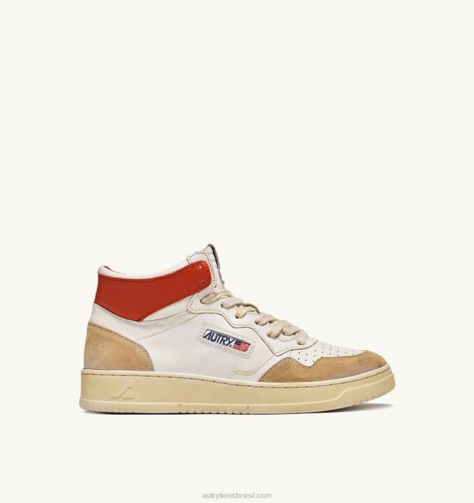 homens tênis mid super vintage em couro efeito amarelado branco e laranja Autry 86XF68 - Image 1