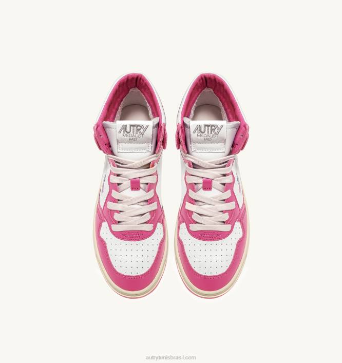 mulheres tênis mid bicolor medalhista em couro branco e fuxia Autry 86XF188 - Image 5