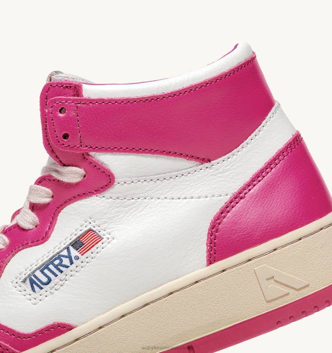 mulheres tênis mid bicolor medalhista em couro branco e fuxia Autry 86XF188 - Image 6