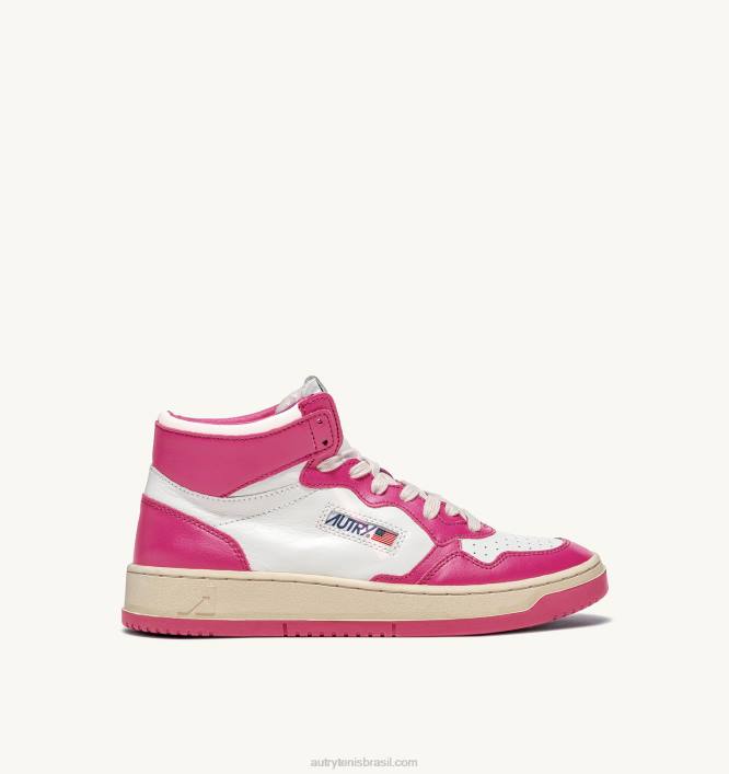 mulheres tênis mid bicolor medalhista em couro branco e fuxia Autry 86XF188 - Image 1