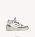 mulheres tênis mid medalist bicolor em couro branco e prata Autry 86XF238