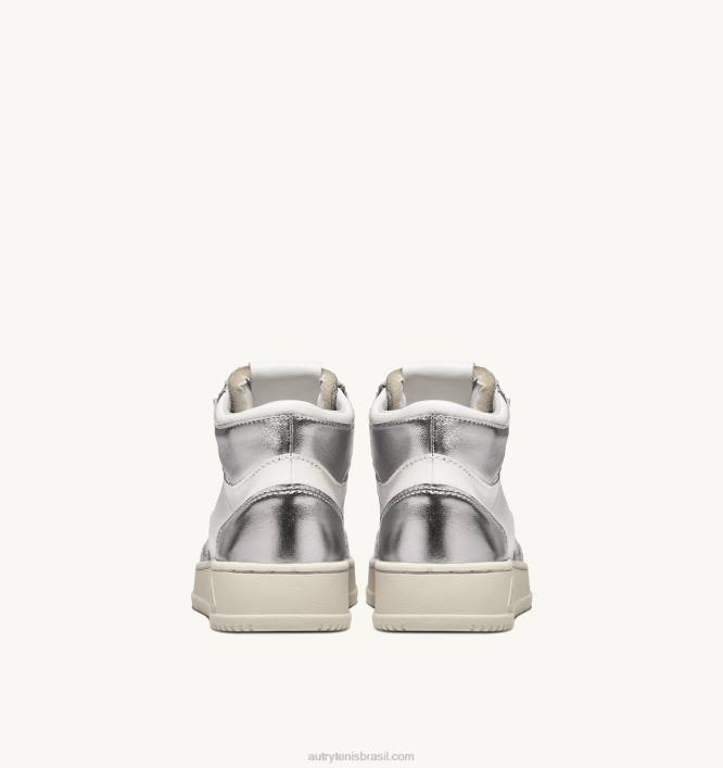 mulheres tênis mid medalist bicolor em couro branco e prata Autry 86XF238 - Image 3