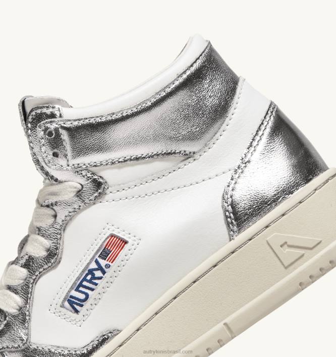 mulheres tênis mid medalist bicolor em couro branco e prata Autry 86XF238 - Image 6