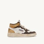 mulheres tênis mid super vintage em couro branco marrom e mel Autry 86XF205